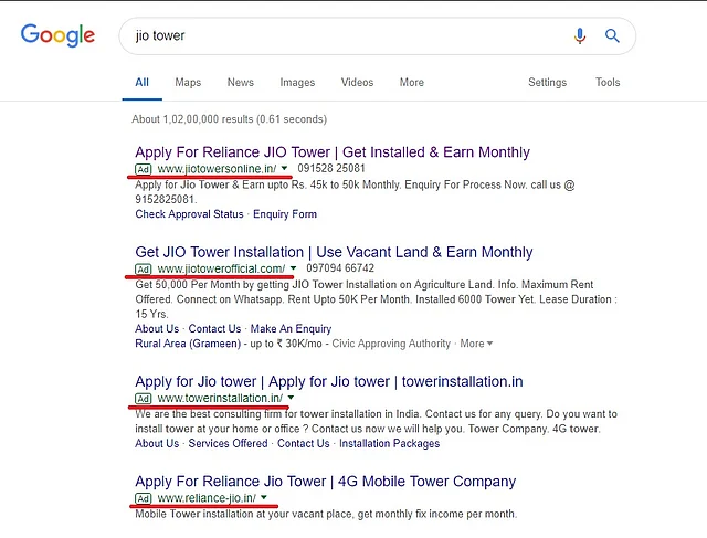 A Google search “Jio tower” returns a litany of fraudulent websites, the first four of which are ads. 