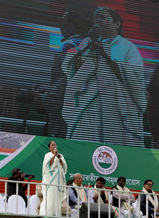 Trinamool Congress party leader and chief minister of West Bengal, Mamata Banerjee, speaks during a public rally organised by her party in solidarity to oppose the ruling Bharatiya Janata Party (BJP) in Kolkata, on 19 January 2019. The rally has been attended by the leaders of twenty-two national and regional parties who oppose the ruling BJP government. 