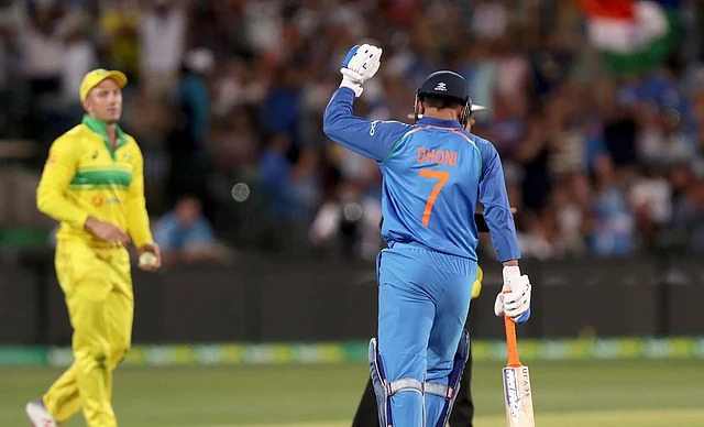 MS Dhoni celebrates after helping India win the second ODI in Adelaide.