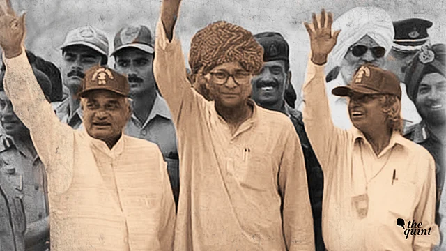 George Fernandes (centre) with Atal Bihari Vajpayee (left) and APJ Abdul Kalam (right). 