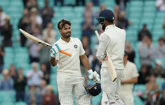 Rishabh Pant celebrates his maiden Test century, scored against England, at The Oval in September 2018.
