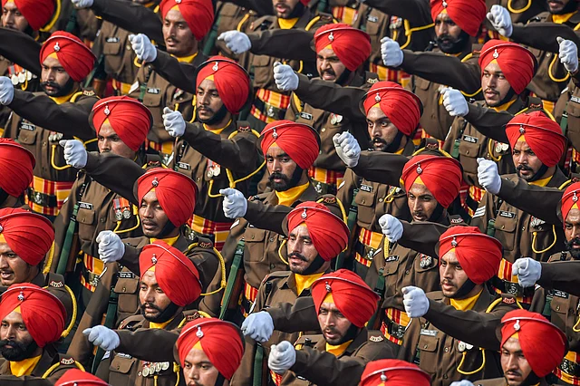 Contingent of the Sikh Regiment march at Rajpath during the full dress rehearsal for the 70th Republic Day Parade, in New Delhi on 23 January 2019.