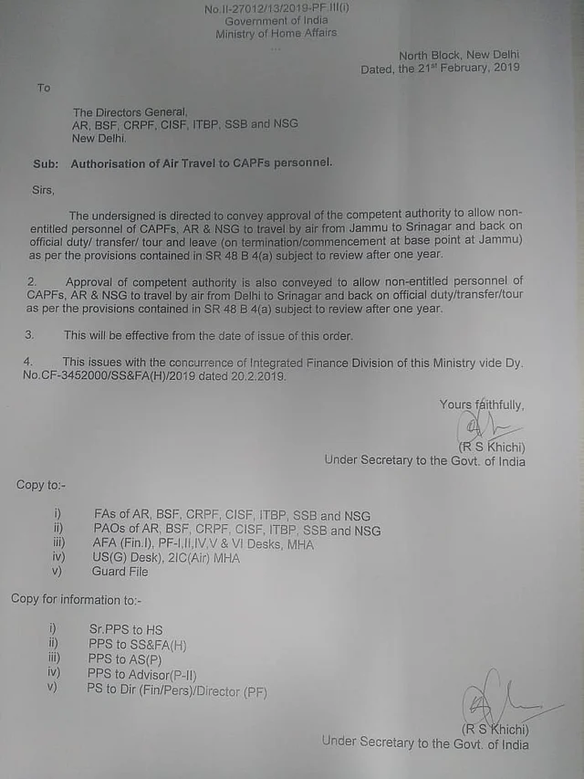 A copy of the MHA order approving air travel for all CAPF personnel in Kashmir.
