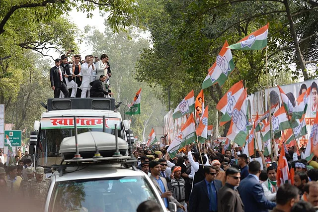 Congress’ Priyanka, Rahul Gandhi during the mega road show in Lucknow on Monday, 11 February.