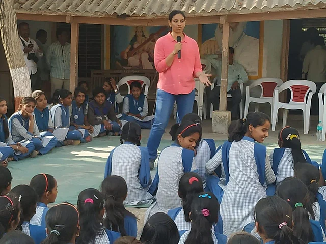 Neha Shrimal holding self-defence workshops in schools in Maharashtra. 