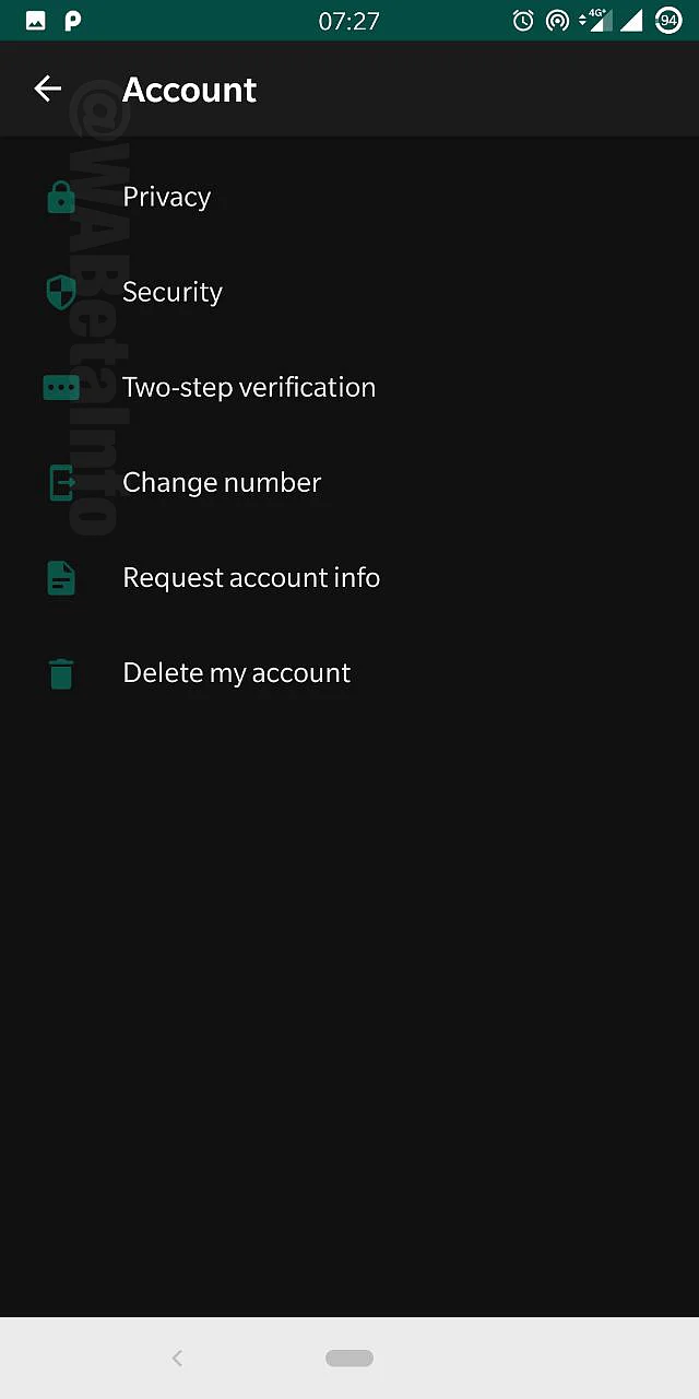 The Settings option in Dark mode on WhatsApp