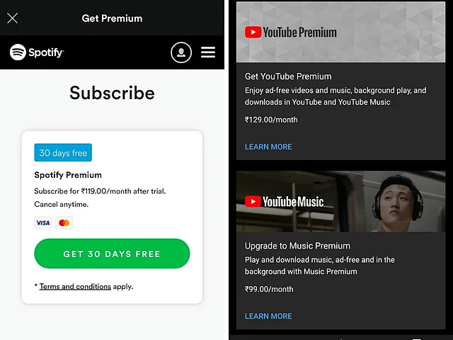 Prices of Spotify and YouTube Music in India.