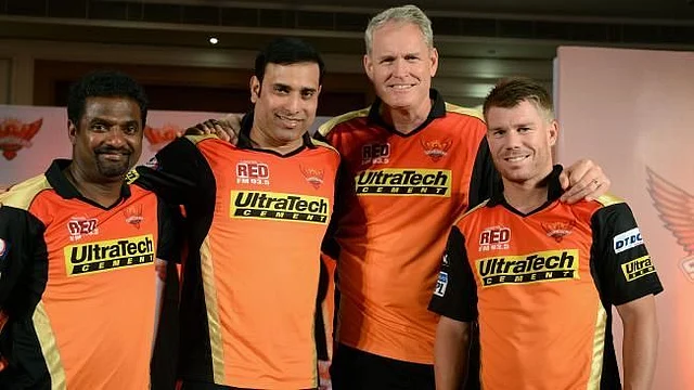 (From left) Muttiah Muralitharan, VVS Laxman and Tom Moody with David Warner during a promotional event.