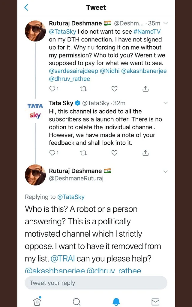 Screenshot of Tata Sky response to removing NaMo TV.