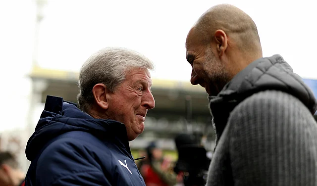 Crystal Palace manager Roy Hodgson (left) and Manchester City manager Pep Guardiola (right) before kick-off during the Premier League match at Selhurst Park, London. 