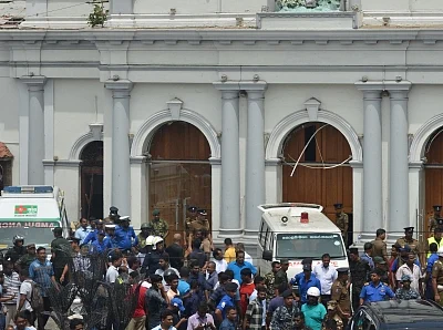 Colombo, April 21, 2019 (Xinhua) -- People gathered outside the Church of St. Anthony where the explosion occurred in Colombo, Sri Lanka, April 21, 2019. 