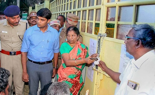 District Collector Sandeep Nanduri along with other officials seal the main gate of Sterlite Copper Unit, in Tuticorin on 28 May 2018.