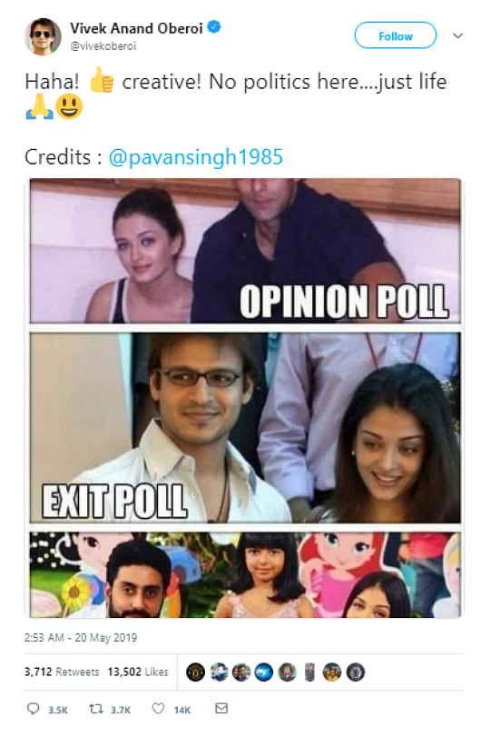 A screenshot of Vivek Oberoi’s tweet, which has now been deleted.