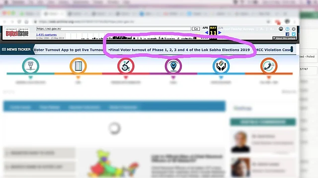 The screenshot of EC’s official website reflecting the ticker final vote count of phases 1, 2, 3 and 4. It disappeared from the EC’s website eciresults.nic.in after The Quint raised questions. 