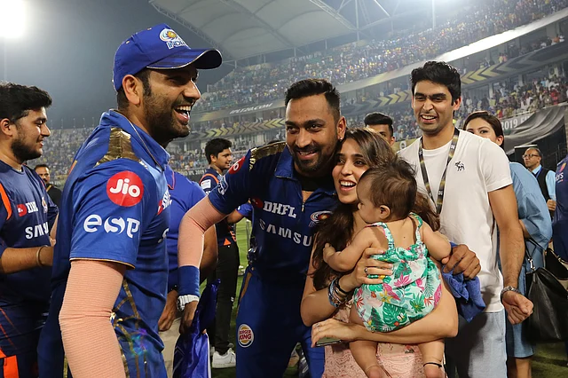 Rohit Sharma celebrates Mumbai’s IPL title with his wife Ritika and daughter Samaira.