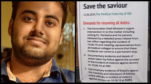 A file image of Dr. Paribaha Mukhopadhyay, who sustained injuries to his skull in the violence at NRS (left) and a banner displaying the demands by the protesting students.