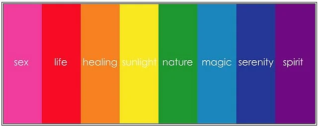 Rainbow flag designed by Gilbert Baker, each colour representing an aspect of the LGBTQ+ movement. 