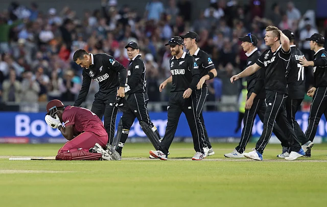 New Zealand’s Ross Taylor consoles West Indies’ Carlos Brathwaite at the end of the Cricket World Cup match between New Zealand and West Indies.