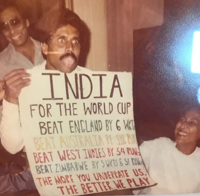 Captain Kapil Dev (left) celebrating India’s 1983 World Cup win.