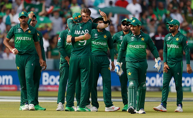 Pakistan’s Shaheen Afridi, centre gives a thumbs up as he celebrates with teammates after taking the wicket of Bangladesh’s Mahmudullah during the Cricket World Cup match.