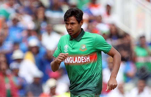 Bangladesh’s Mustafizur Rahman celebrates the dismissal of India’s Hardik Pandya during the Cricket World Cup match between Bangladesh and India.