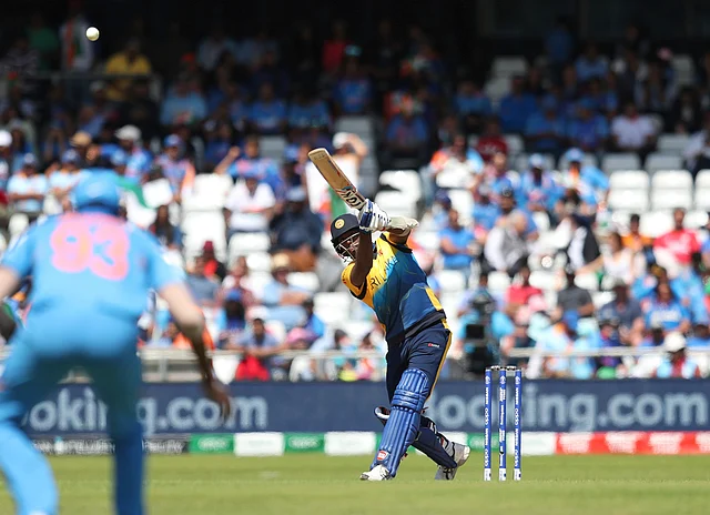 Sri Lanka’s Angelo Mathews hits a four off India’s Bhuvneshwar Kumar during the Cricket World Cup match between India and Sri Lanka at Headingley in Leeds.