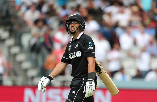 New Zealand’s Ross Taylor reacts as he leaves the field after being dismissed by England’s Mark Wood during the Cricket World Cup final match between England and New Zealand at Lord’s cricket ground in London.