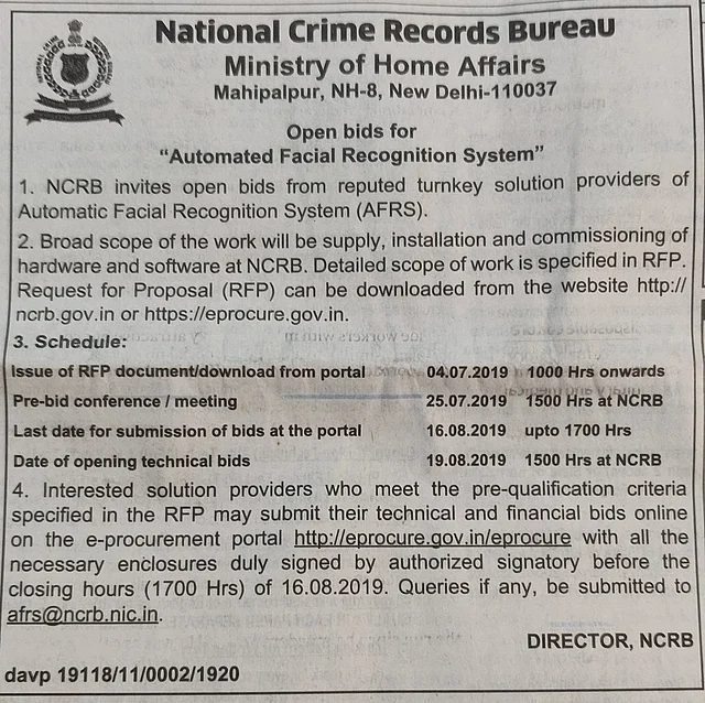 A newspapers advertisement by the NCRB called for applicants to bid for the implementation of an Automated Facial Recognition System nationwide.