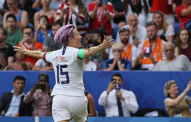 United States’ Megan Rapinoe celebrates after scoring her side’s opening goal during the Women’s World Cup final soccer match between US and The Netherlands.