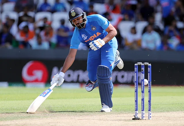 India’s Rohit Sharma runs to make it successfully to the crease during the Cricket World Cup match between India and Sri Lanka.