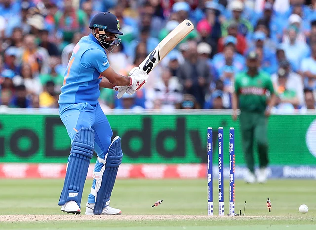 Mohammed Shami is bowled out by Bangladesh’s Mustafizur Rahman during the Cricket World Cup match between Bangladesh and India at Edgbaston.
