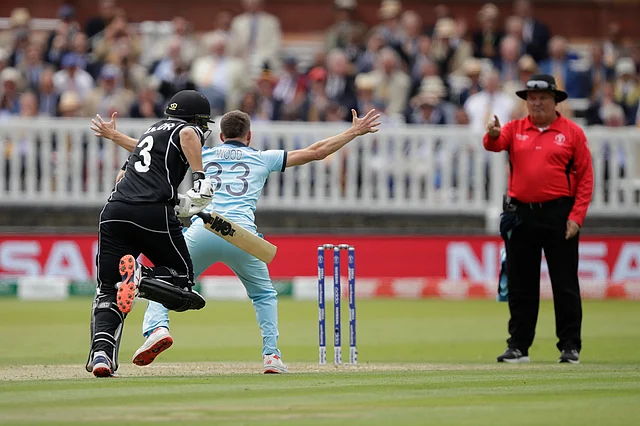 England’s Mark Wood successfully appeals for the wicket of New Zealand’s Ross Taylor, left, LBW during the Cricket World Cup final match between England and New Zealand at Lord’s.