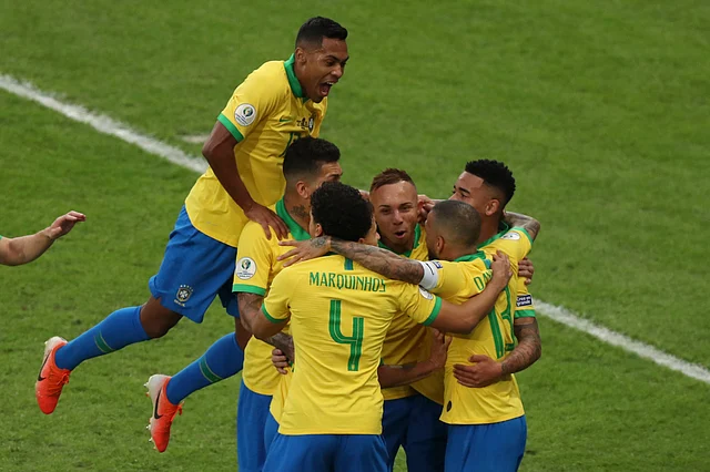 Brazil’s Everton celebrates scoring his side’s first goal against Peru during the final football match of the Copa America.