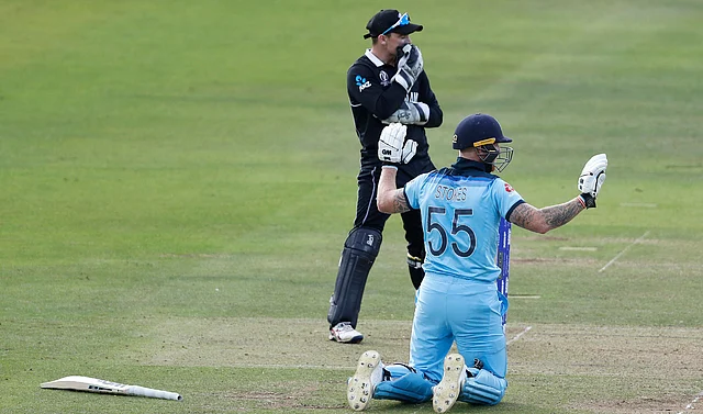 Martin Guptill’s throw from the deep raced to the boundary ropes after being deflected of a diving Ben Stokes’ bat.