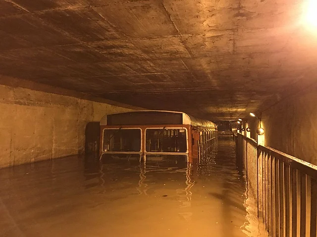 A bus submerged in a subway in Malad.