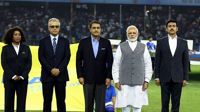 AIFF President Praful Patel with Prime Minister Narendra Modi during a match of the 2017 FIFA U-17 World Cup hosted by India.