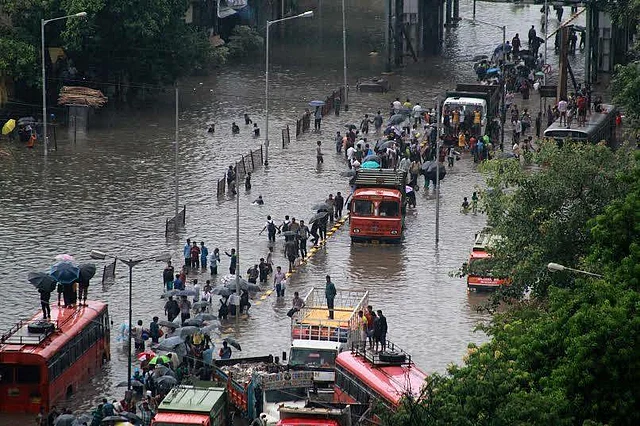 A waterlogged road in the low-lying area of Matunga.