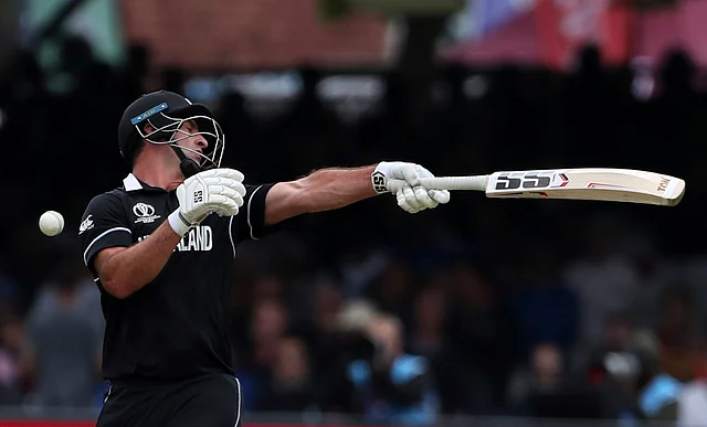 New Zealand’s Colin de Grandhomme attempts to play a shot during the Cricket World Cup final match between England and New Zealand.