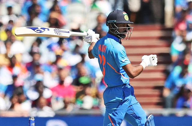 India’s Hardik Pandya bats during the Cricket World Cup match between India and West Indies at Old Trafford. 