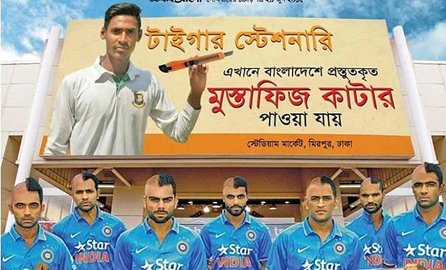 A fan made image depicts Indian cricketers with their heads half-shaven by “The Mustafiz Cutter”. 