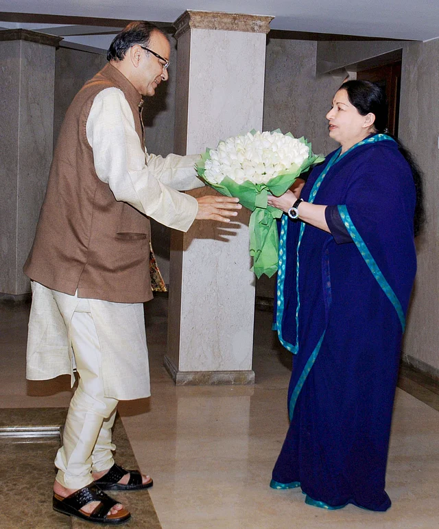 In this 18 January 2015 file photo, Union Finance Minister Arun Jaitley is with AIADMK leader and former Chief Minister of Tamil Nadu, J Jayalalithaa, at her Poes Garden residence in Chennai.