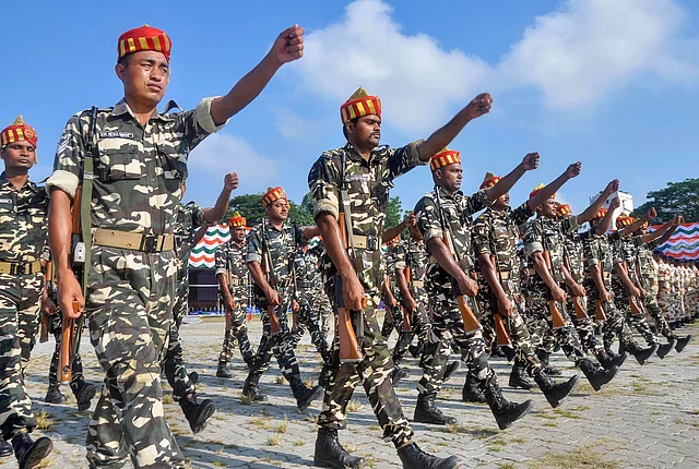 Sashastra Seema Bal personnel march during the rehearsals for Independence Day parade, at Khanapara in Guwahati on Sunday, 11 August.
