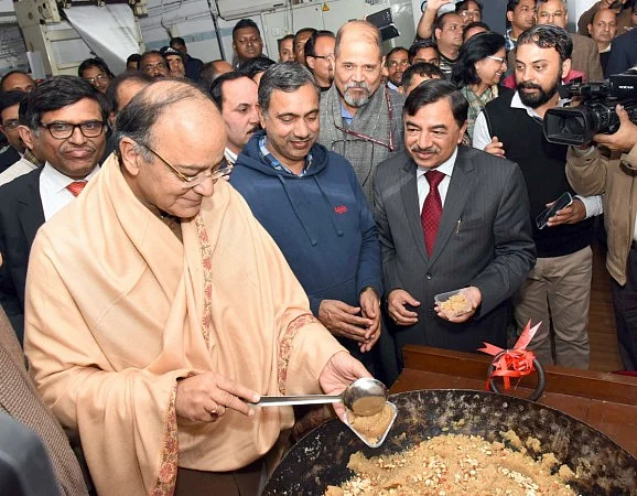 Finance Minister Arun Jaitley at the halwa ceremony to mark the commencement of the Budget-printing process for Budget 2017-18, in New Delhi, on 19 January 2017.