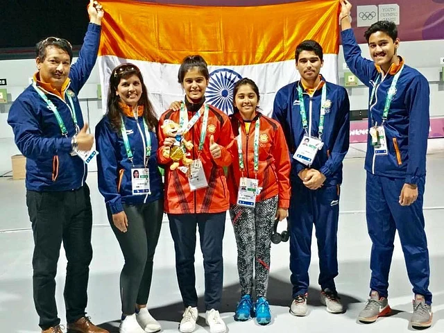 Junior national shooting coach Jaspal Rana with Indian shooters.
