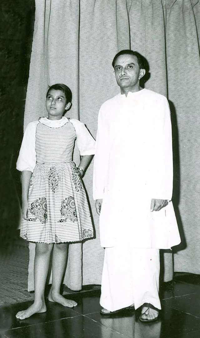 A young Mallika with her father Vikram Sarabhai. 
