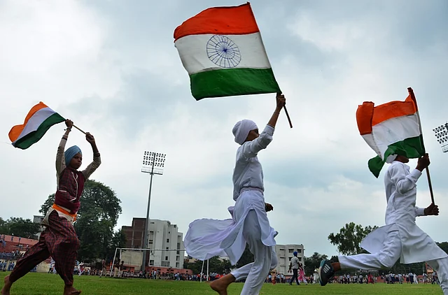 Students rehearse for Independence Day proceedings in an Amritsar school.