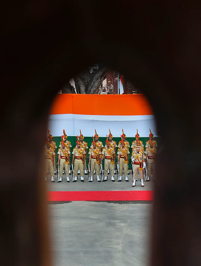 A Contingent takes part in the full-dress rehearsals for the 73rd Independence Day function at the historic Red Fort, in New Delhi.