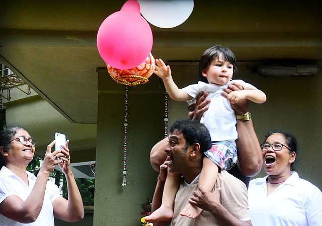 Taimur outside his home in Bandra, Mumbai.