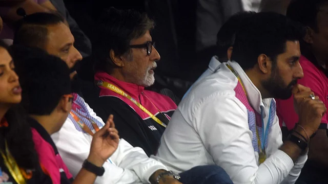 Actors Amitabh Bachchan and Abhishek Bachchan during the Pro Kabaddi League Season 7 match between Haryana Steelers and Jaipur Pink Panthers in Mumbai on Wednesday.