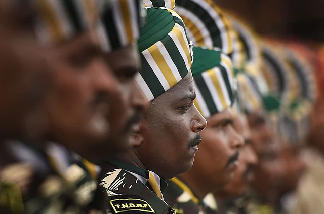 A contingent of Tamil Nadu Disaster Response Force (TNDRF) during the full dress rehearsals for the 73rd Independence Day celebrations at Fort St George, in Chennai.